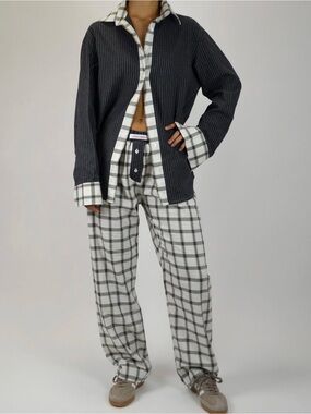 NWT Hand Over Ex-Boyfriend Shirt in Wool Grey Stripe Plaid Mixed Print Top